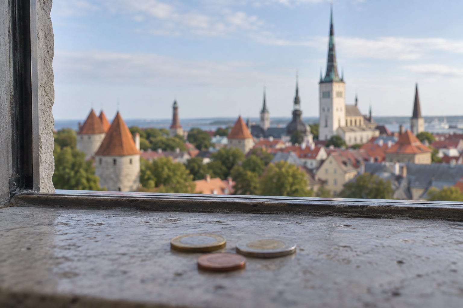 Symbolbild: Euro-Münzen auf einem Fenstersims über der Altstadt von Tallinn