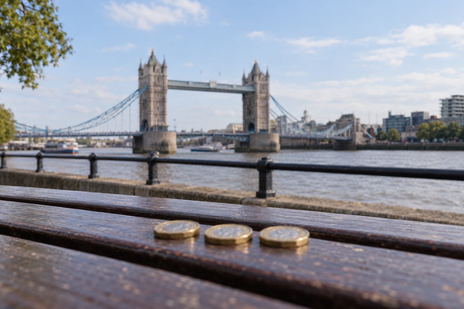 Symbolbild: Pfund-Münzen auf einer Bank an der Themse vor der Tower Bridge