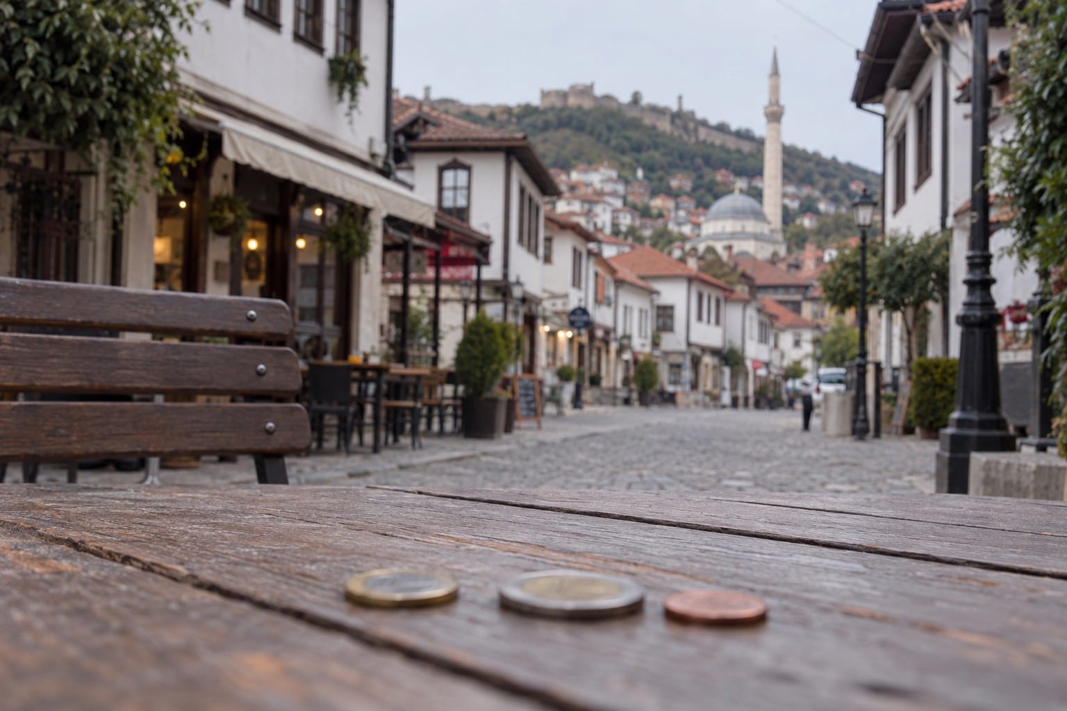Symbolbild: Euro-Münzen auf einem Tisch in der Altstadt von Prizren