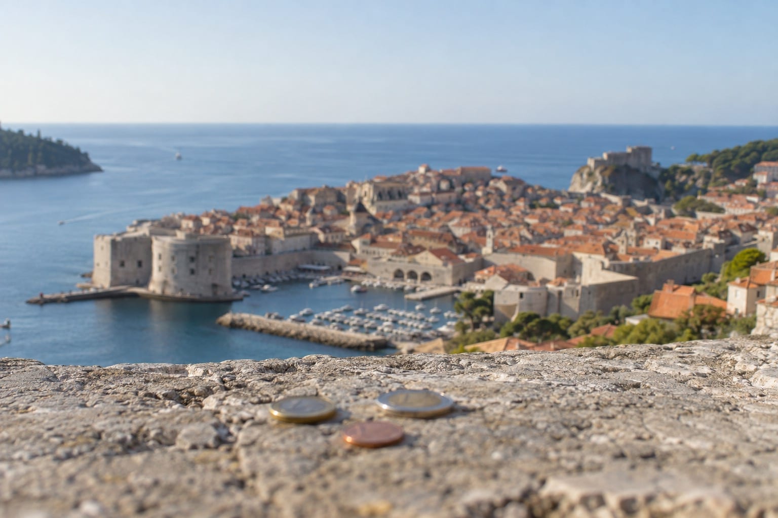 Symbolbild: Euro-Münzen auf einer Mauer über der Altstadt von Dubrovnik