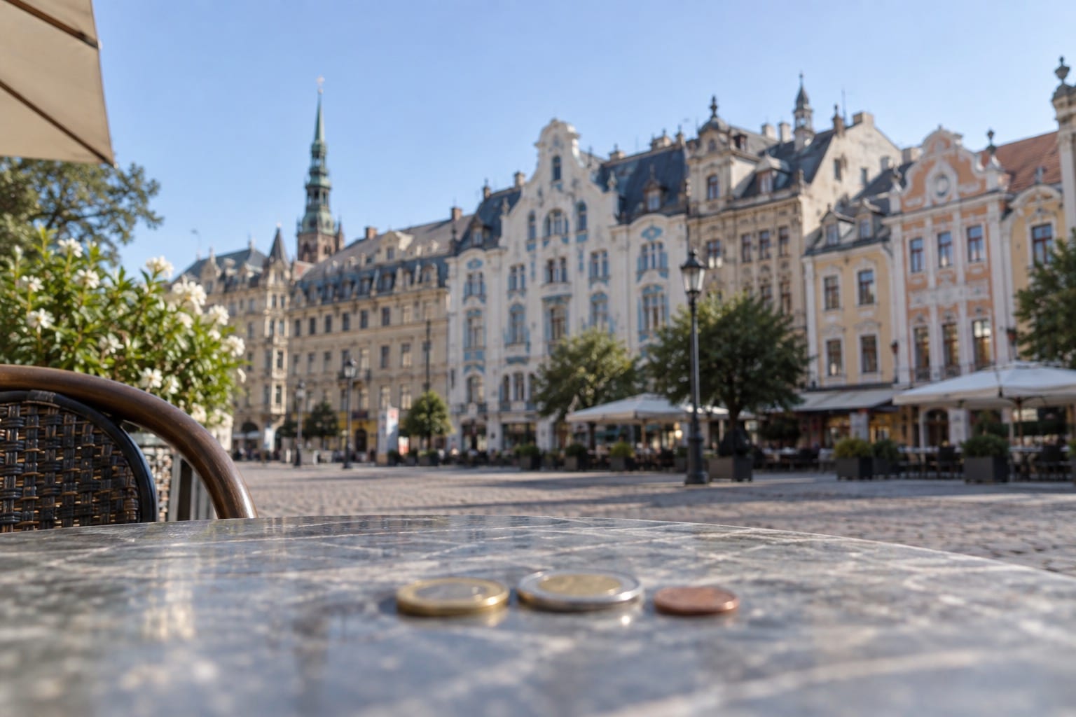 Symbolbild: Euro-Münzen auf einem Cafétisch vor Jugendstilfassaden in Riga