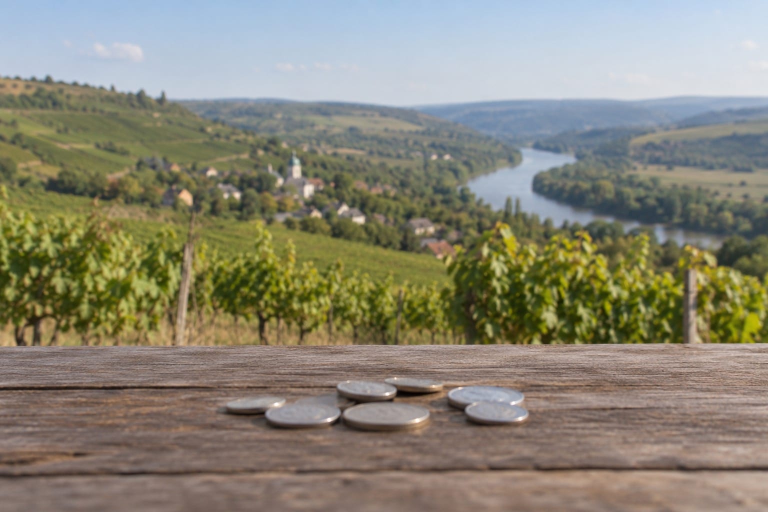 Symbolbild: Lei-Münzen auf einem Holztisch vor Weinbergen in Moldau