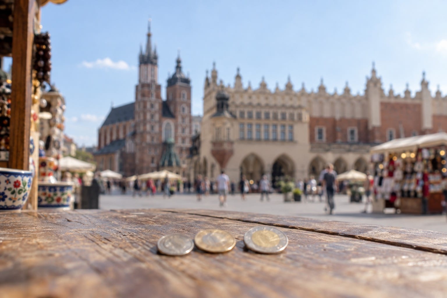 Symbolbild: Złoty-Münzen auf einem Marktstand am Krakauer Marktplatz