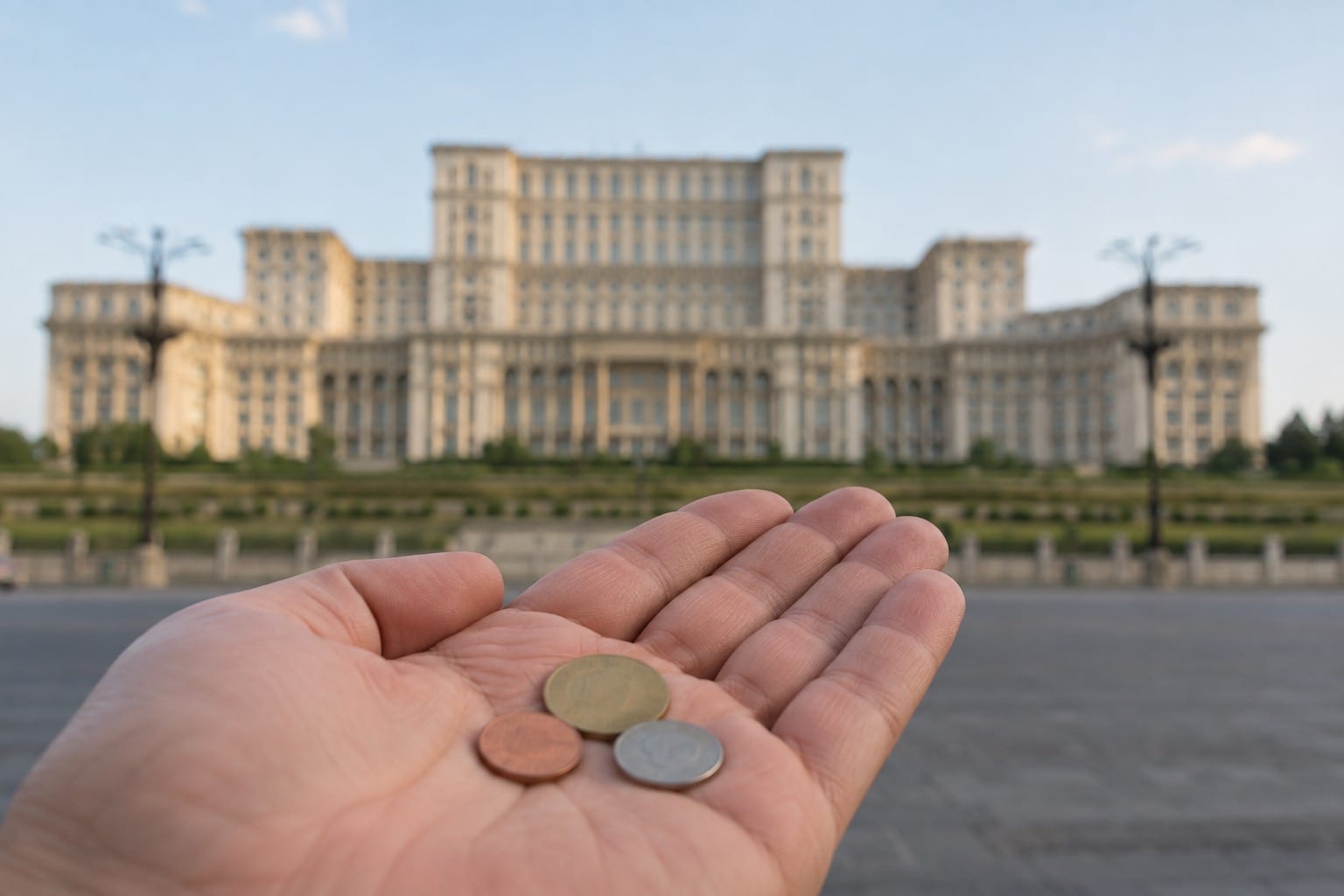 Symbolbild: Lei-Münzen in einer Hand vor dem Parlamentspalast in Bukarest