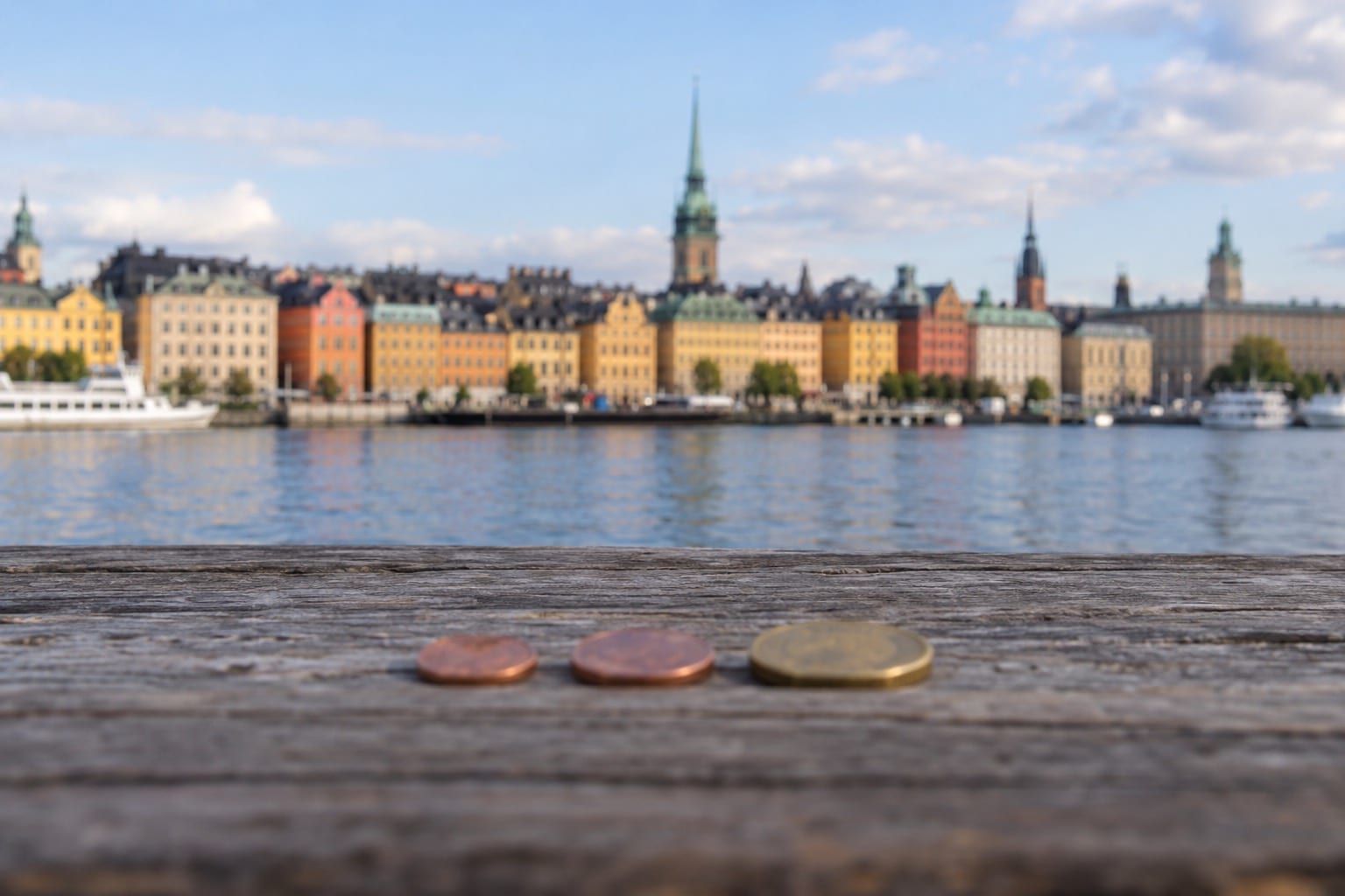 Symbolbild: Kronen-Münzen auf einer Bank vor Stockholms Altstadt Gamla stan