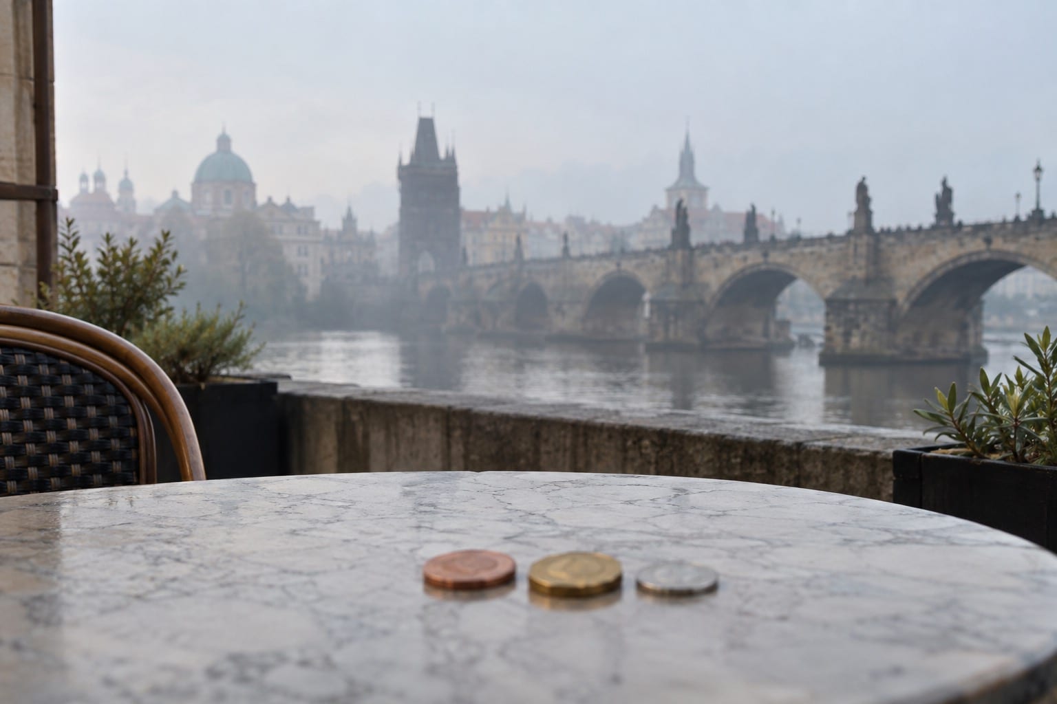 Symbolbild: Kronen-Münzen auf einem Cafétisch vor der Prager Karlsbrücke