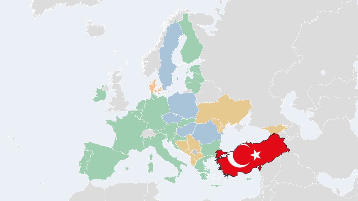 Karte: Türkei in Europa, Länder nach Euro- und EU-Status eingefärbt
