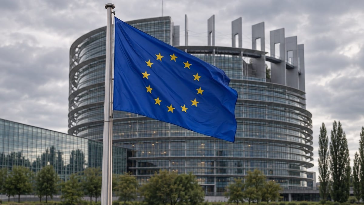Symbolbild: EU-Fahne vor dem Europäischen Parlament in Straßburg