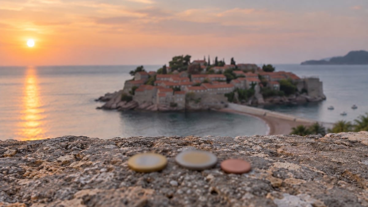 Symbolbild: Euro-Münzen auf einer Mauer vor der Insel Sveti Stefan