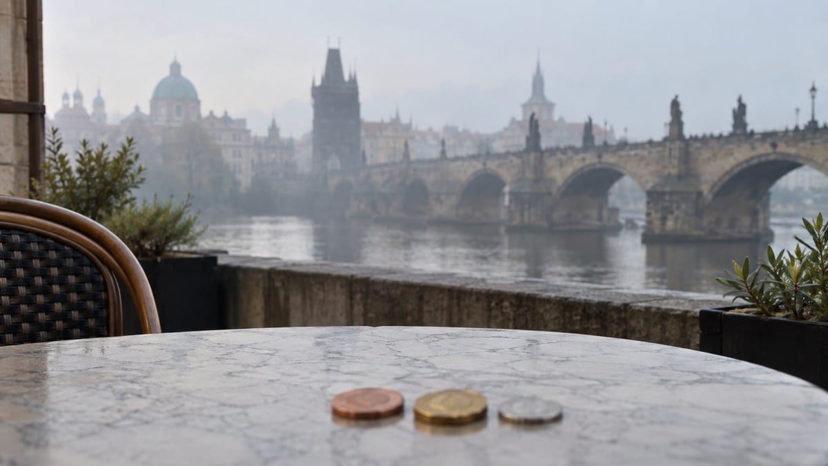 Symbolbild: Kronen-Münzen auf einem Cafétisch vor der Prager Karlsbrücke
